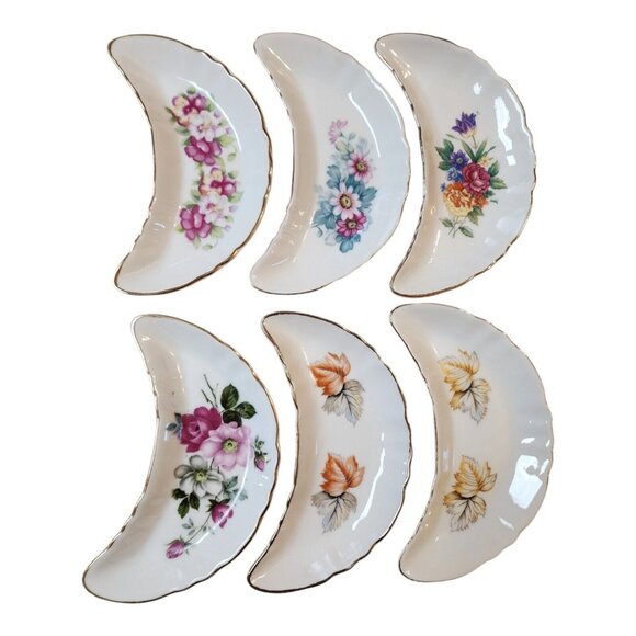 SET of 6 CMI CHADWICK Vintage 1/2 MOON CRESCENT DISHES Maple Leaf Flowers JAPAN - Picture 1 of 16